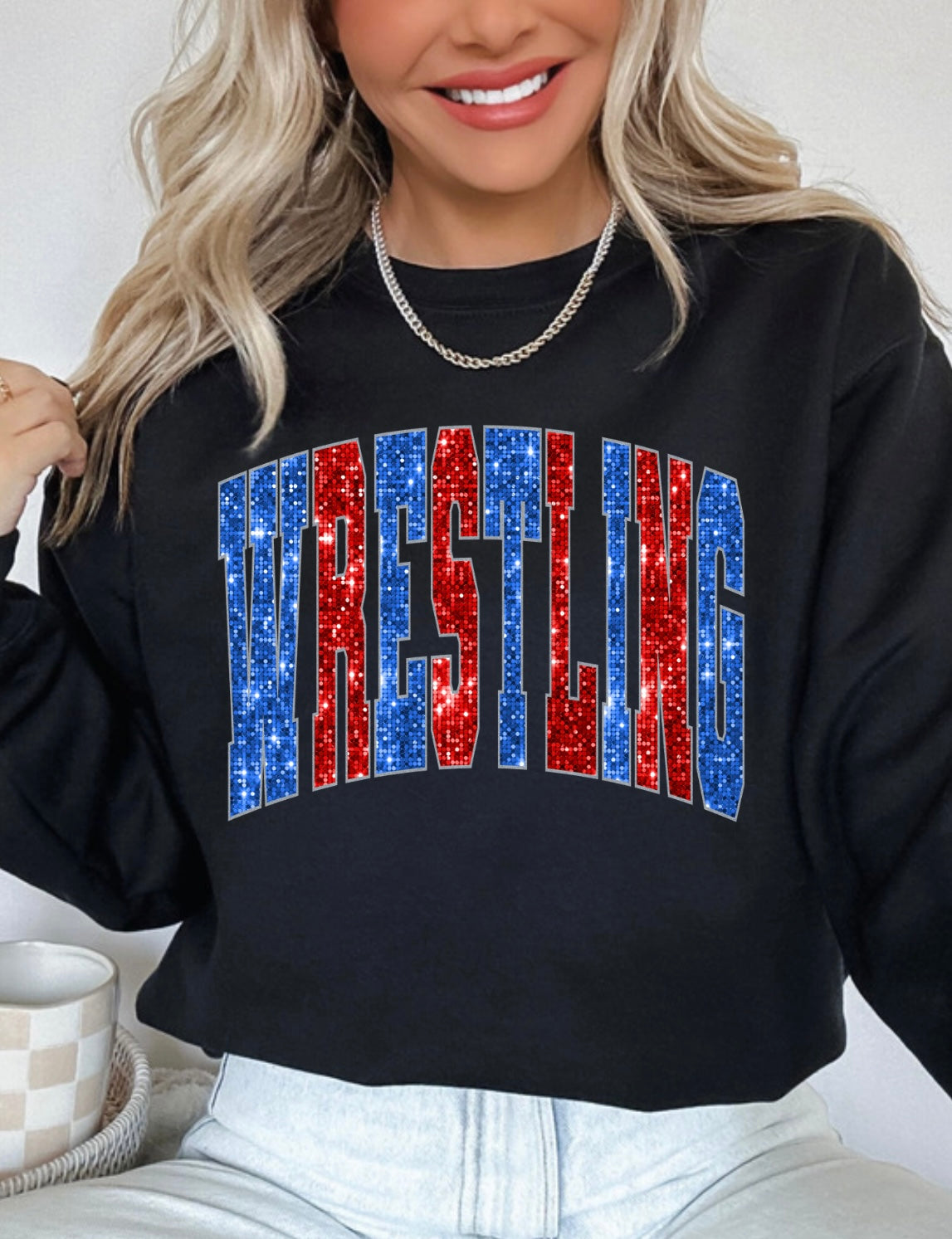 Faux sequin WRESTLING red & blue