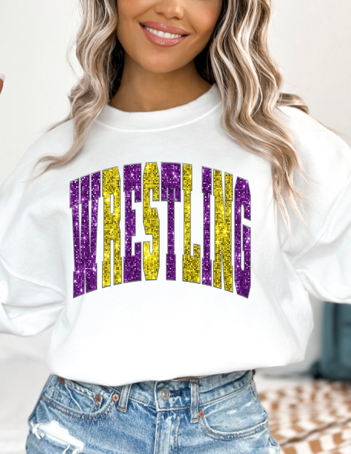 Faux sequin WRESTLING purple & yellow